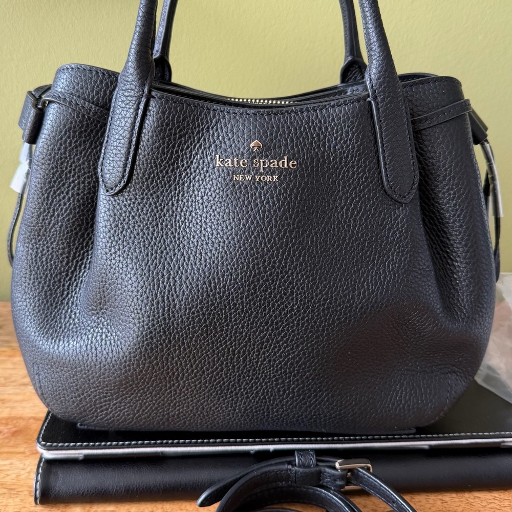 kate spade Black Pebbled Leather Shoulder Bag with Gold Logo